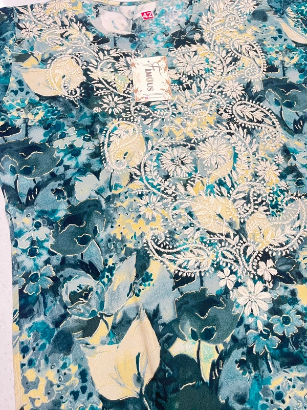 Reyon Gold Print Chikankari Straight Long Kurti - XL(42), Firoza Blue