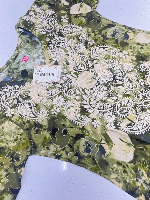 Reyon Gold Print Chikankari Straight Long Kurti - 3XL(46), Mehdi Green