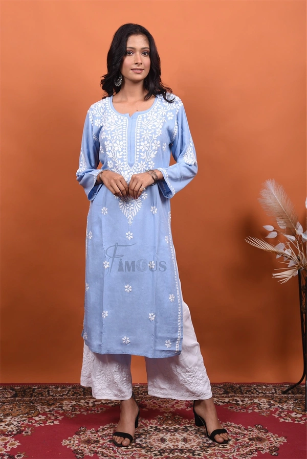 Light Blue Chikankari Kurti Plazo Set - Light Blue, M(38)