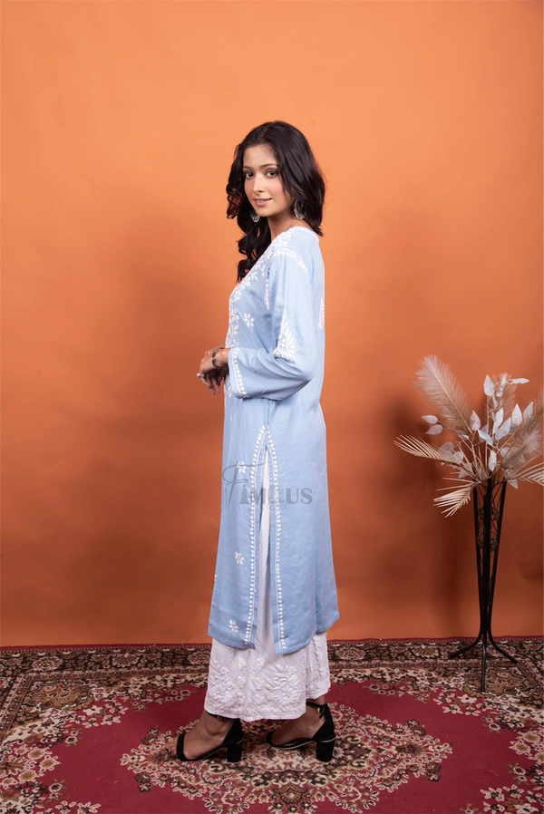 Light Blue Chikankari Kurti Plazo Set - Light Blue, M(38)
