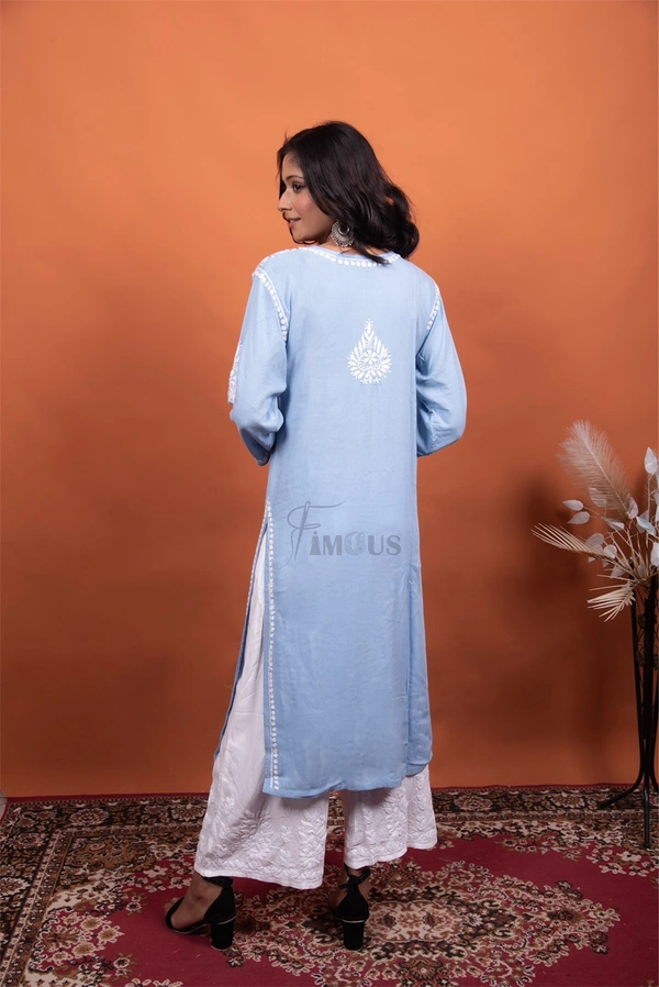 Light Blue Chikankari Kurti Plazo Set - Light Blue, M(38)