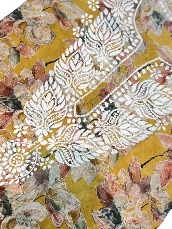 Chikankari Mulmul Print Straight Long Kurtis - Mustard, 2XL(44)