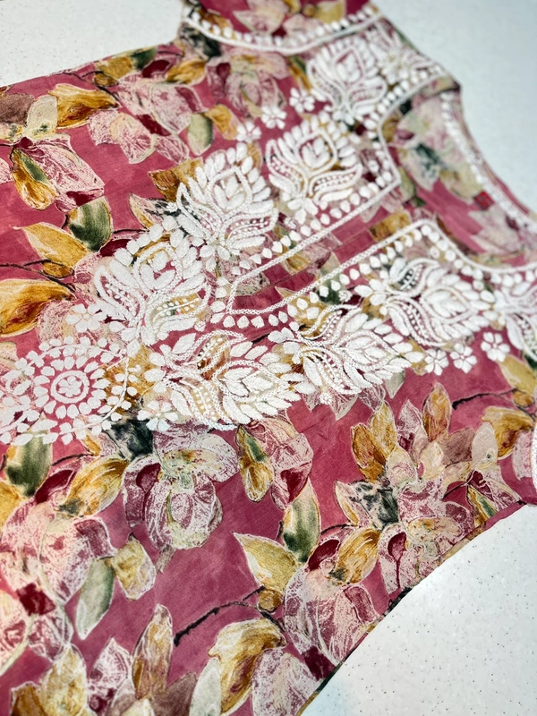 Chikankari Mulmul Print Straight Long Kurtis - Onion Pink, M(38)
