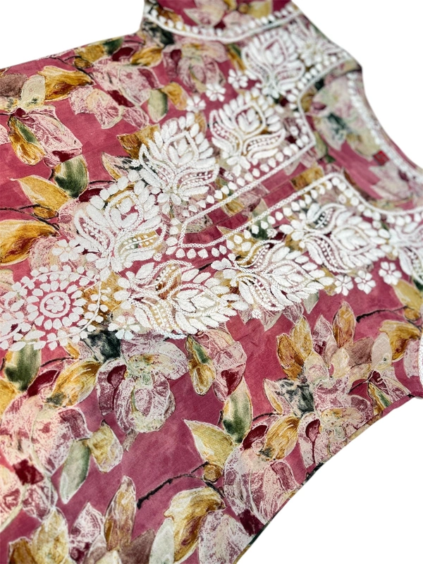 Chikankari Mulmul Print Straight Long Kurtis - Onion Pink, 2XL(44)