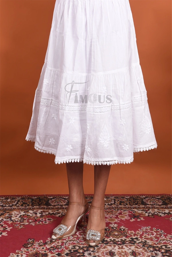 Chikankari Short Skirt In Mulmul Cotton - White, Free Size