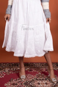 Chikankari Short Skirt In Mulmul Cotton - White, Free Size
