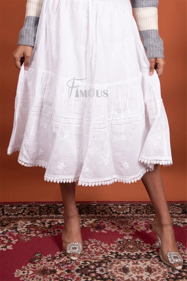Chikankari Short Skirt In Mulmul Cotton - White, Free Size