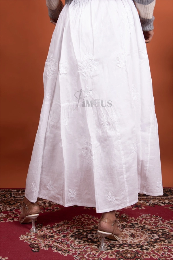 Chikankari Long Skirt In Mulmul Cotton - White, Free Size