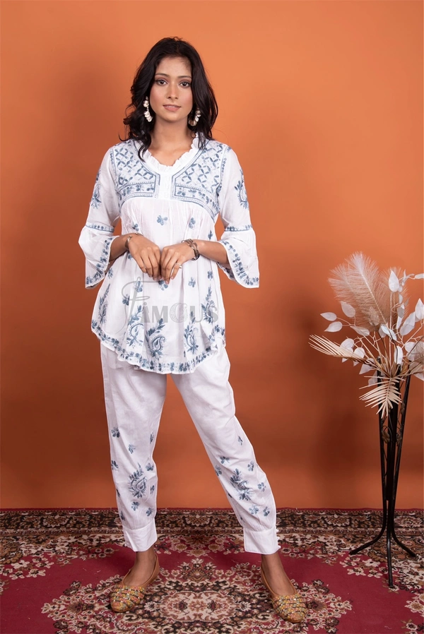 White Chikankari Frill Neck Coord Set(Grey) - White, S(36)