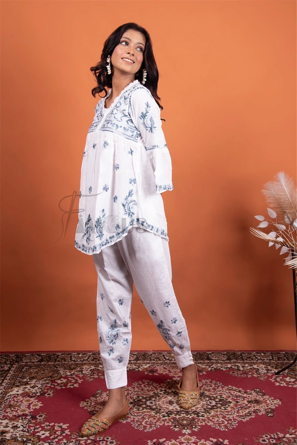 White Chikankari Frill Neck Coord Set(Grey) - White, S(36)
