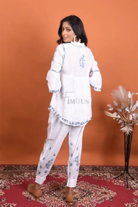 White Chikankari Frill Neck Coord Set(Grey) - White, S(36)