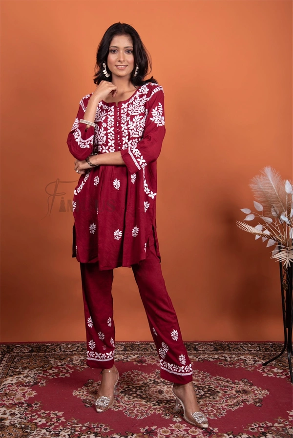 Maroon Chikankari Pocket Style Coord Set - Maroon, L(40)