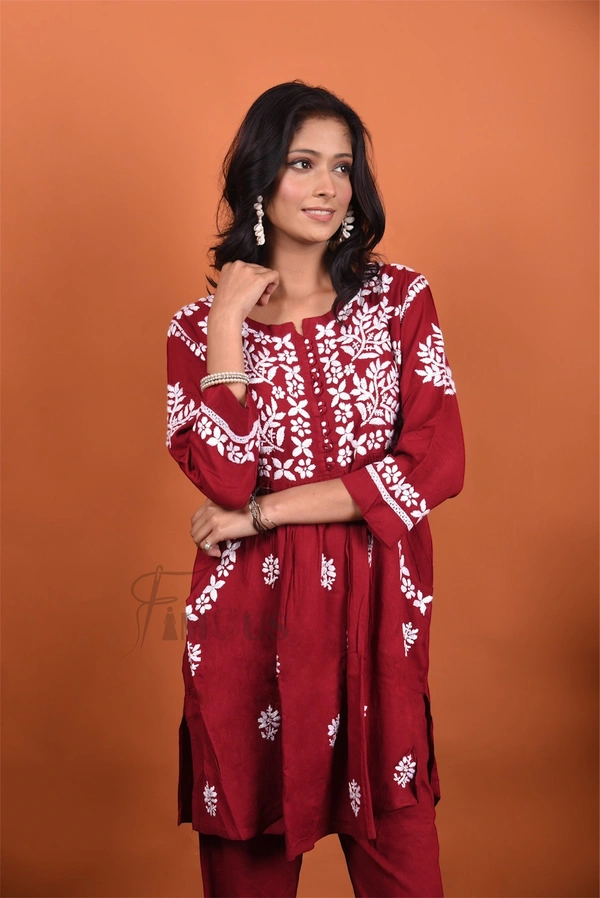 Maroon Chikankari Pocket Style Coord Set - Maroon, L(40)