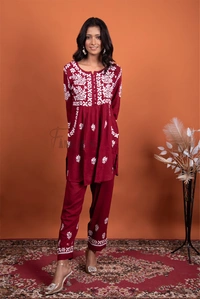 Maroon Chikankari Pocket Style Coord Set - Maroon, L(40)