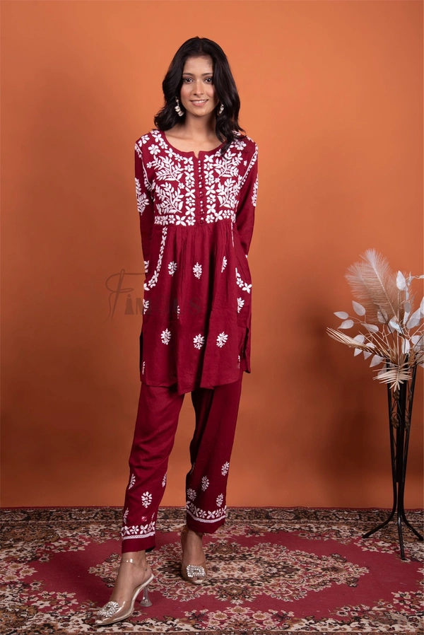Maroon Chikankari Pocket Style Coord Set - Maroon, L(40)
