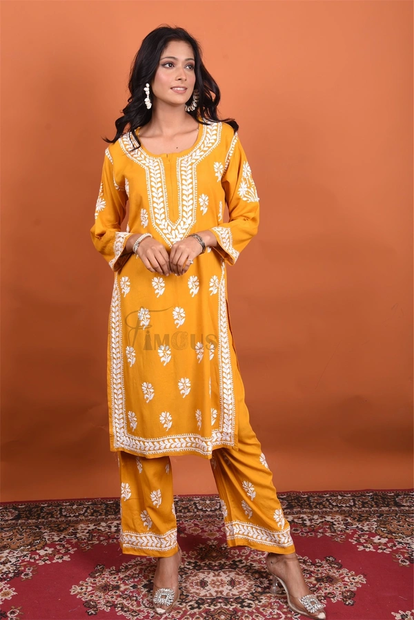 Mustard Chikankari Kurti Plazo Set - Mustard, M(38)