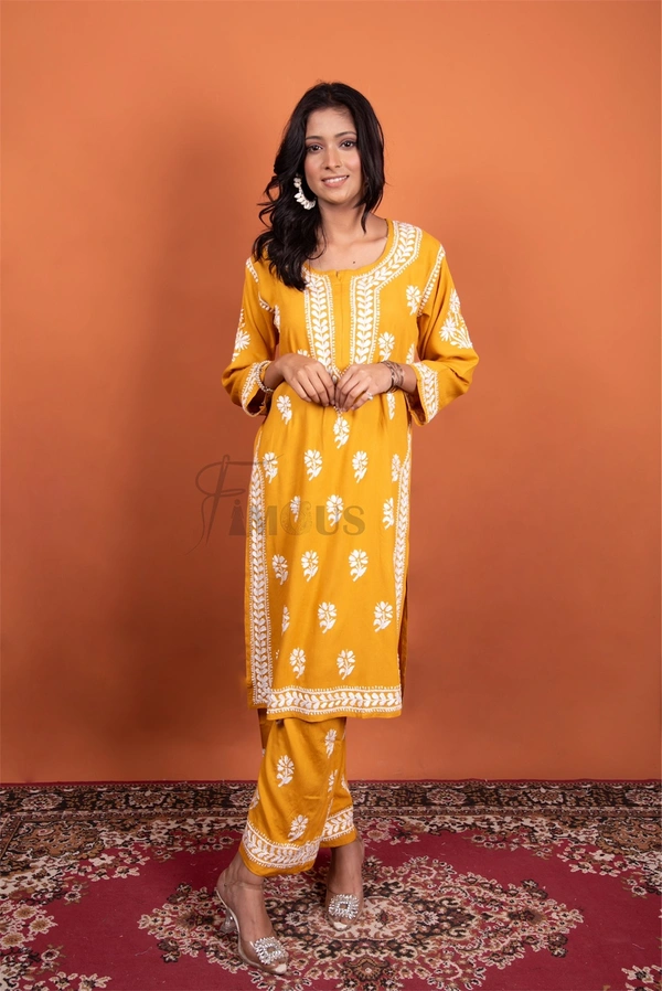 Mustard Chikankari Kurti Plazo Set - Mustard, M(38)