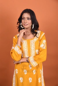 Mustard Chikankari Kurti Plazo Set - Mustard, M(38)