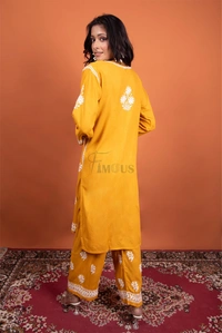 Mustard Chikankari Kurti Plazo Set - Mustard, M(38)