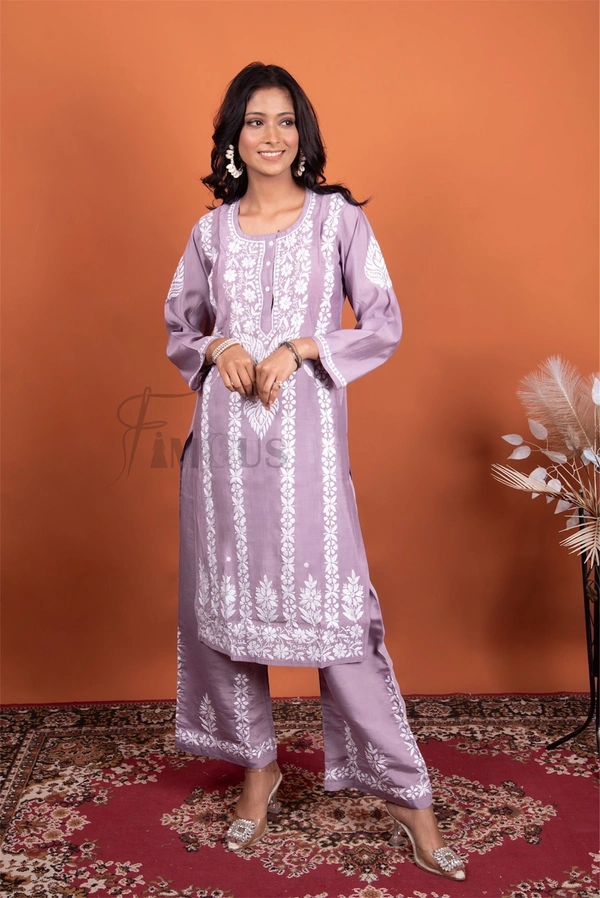 Lavender Chikankari Kurta Plazo Set - Lavender, XL(42)