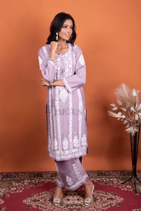 Lavender Chikankari Kurta Plazo Set - Lavender, XL(42)