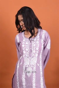 Lavender Chikankari Kurta Plazo Set - Lavender, XL(42)