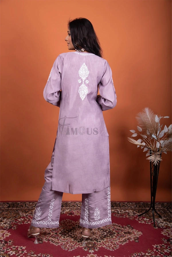 Lavender Chikankari Kurta Plazo Set - Lavender, XL(42)