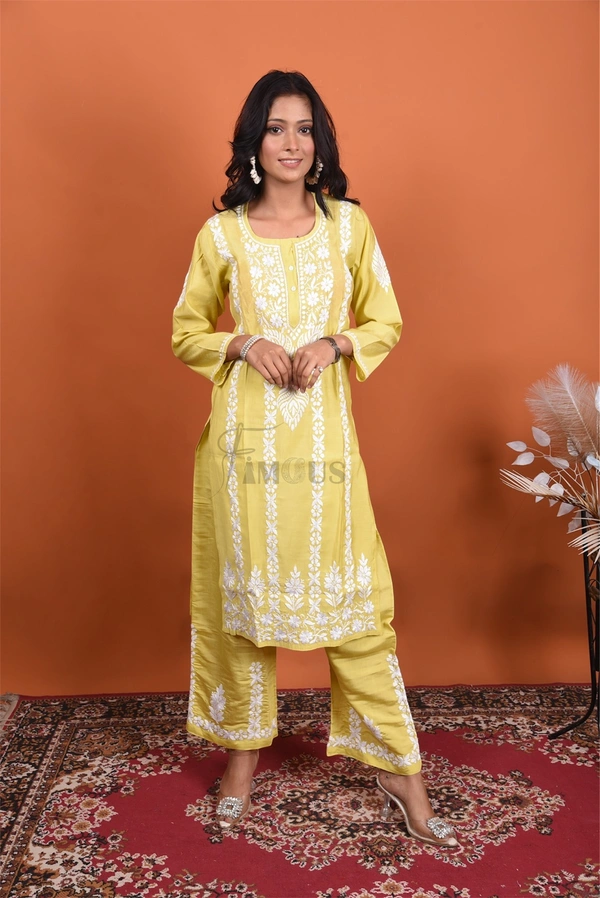 Dhani Chikankari Kurta Plazo Set - Dhani(Yellowish Green), XL(42)