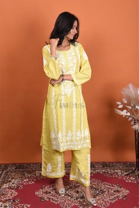 Dhani Chikankari Kurta Plazo Set - Dhani(Yellowish Green), XL(42)