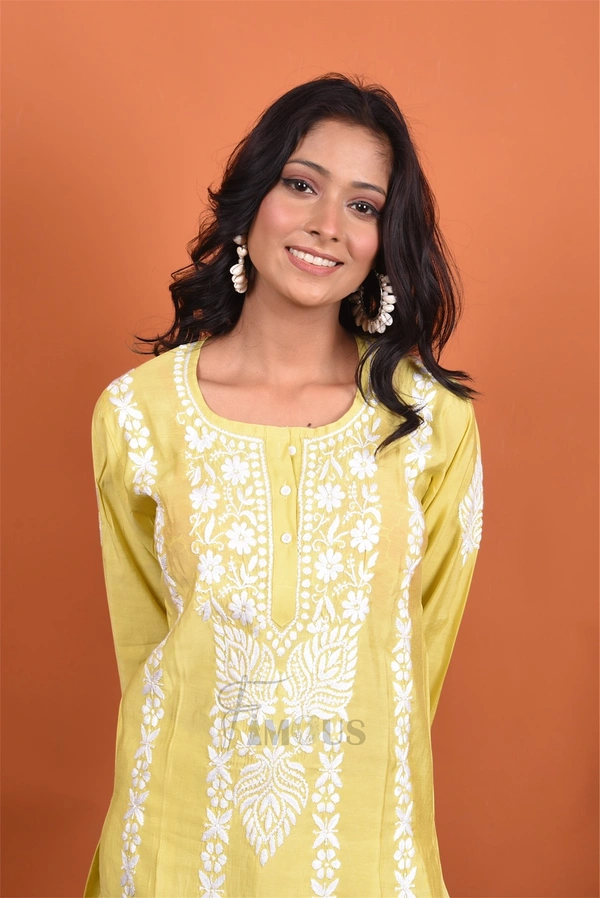 Dhani Chikankari Kurta Plazo Set - Dhani(Yellowish Green), XL(42)