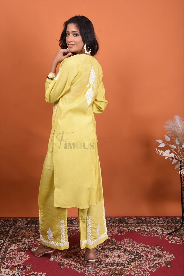 Dhani Chikankari Kurta Plazo Set - Dhani(Yellowish Green), XL(42)