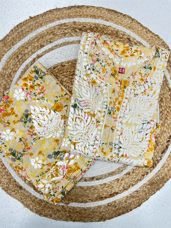 Mulmul Print Chikankari Stiched Kurti Plazo Set - Mustard, L(40)