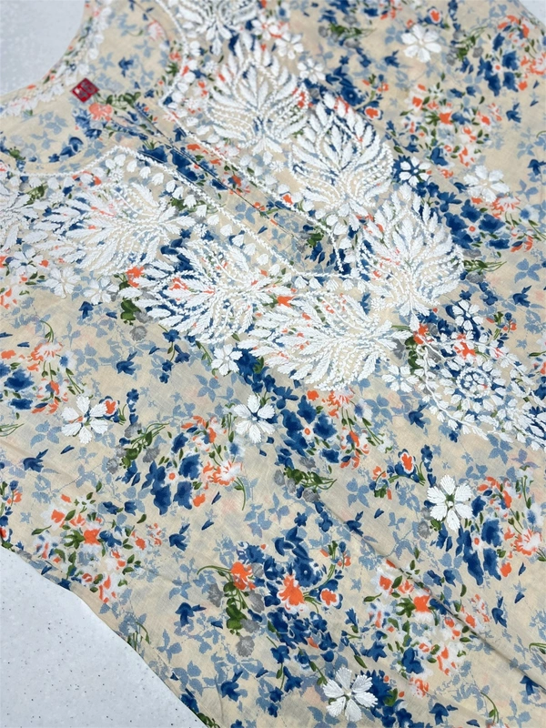 Mulmul Print Chikankari Stiched Kurti Plazo Set - Blue, XL(42)