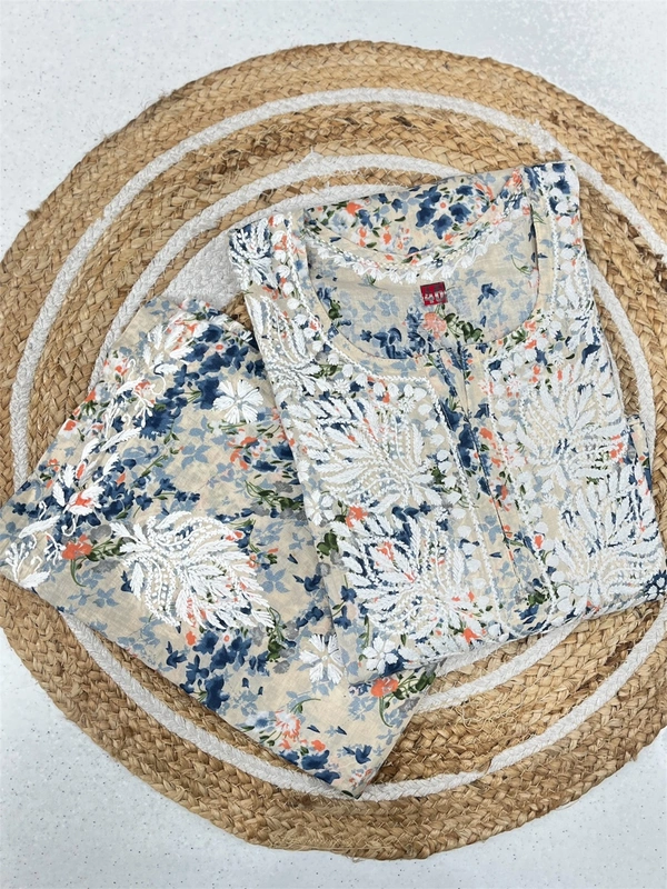 Mulmul Print Chikankari Stiched Kurti Plazo Set - Blue, L(40)