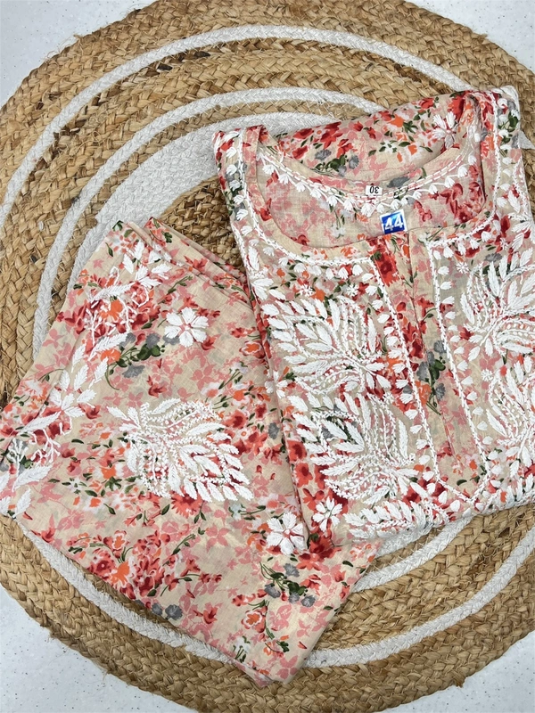 Mulmul Print Chikankari Stiched Kurti Plazo Set - Carrot, XL(42)