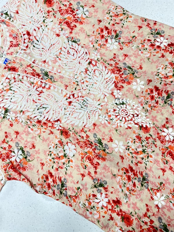 Mulmul Print Chikankari Stiched Kurti Plazo Set - Carrot, XL(42)