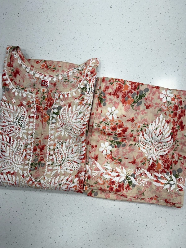 Mulmul Print Chikankari Stiched Kurti Plazo Set - Carrot, L(40)