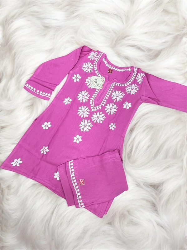 Magenta Pink Reyon Chikankari Kids Dress - Magenta Pink, 24