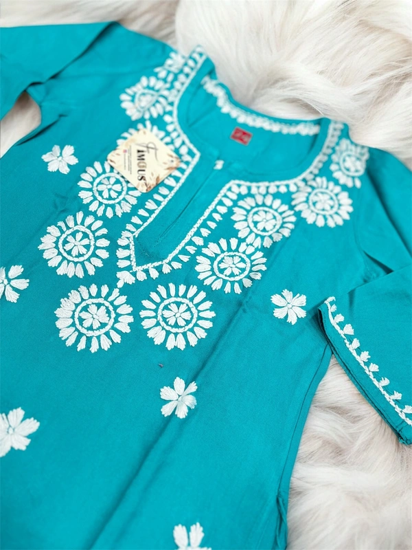 Firozi Blue Reyon Chikankari Kids Dress - Firozi Blue, 18