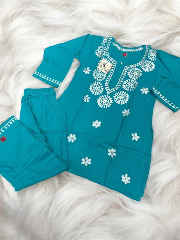 Firozi Blue Reyon Chikankari Kids Dress - Firozi Blue, 30