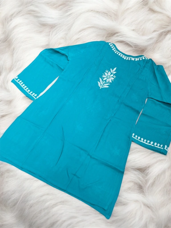 Firozi Blue Reyon Chikankari Kids Dress - Firozi Blue, 30
