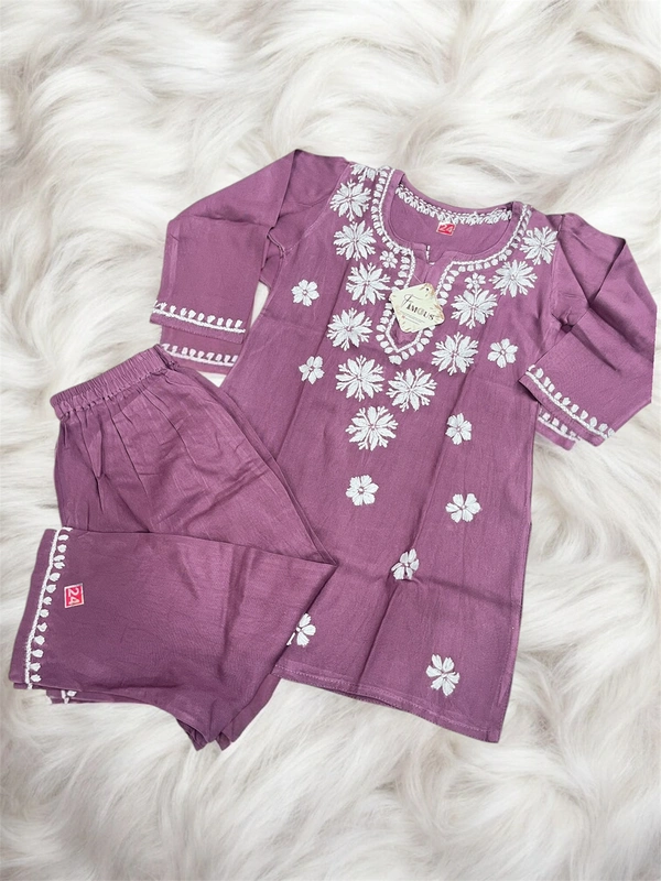 Dark Wine Reyon Chikankari Kids Dress - Dark Wine, 22