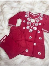Maroon Reyon Chikankari Kids Dress - Maroon, 18