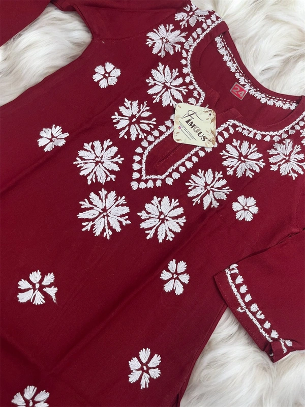 Maroon Reyon Chikankari Kids Dress - Maroon, 20