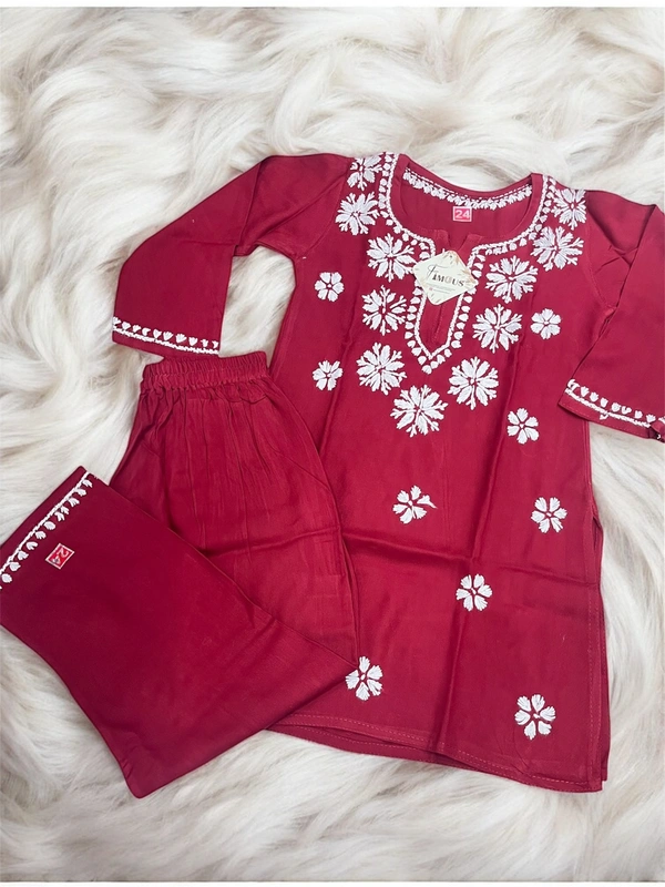 Maroon Reyon Chikankari Kids Dress - Maroon, 20