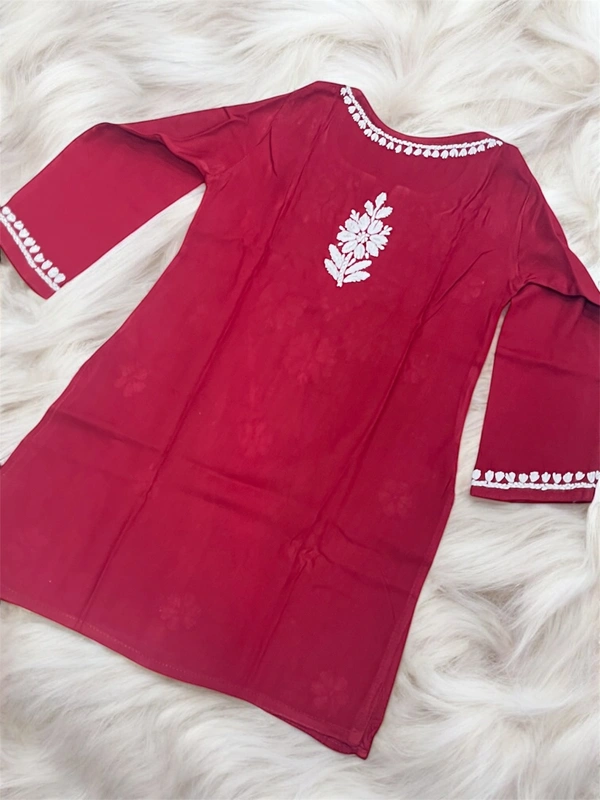 Maroon Reyon Chikankari Kids Dress - Maroon, 20