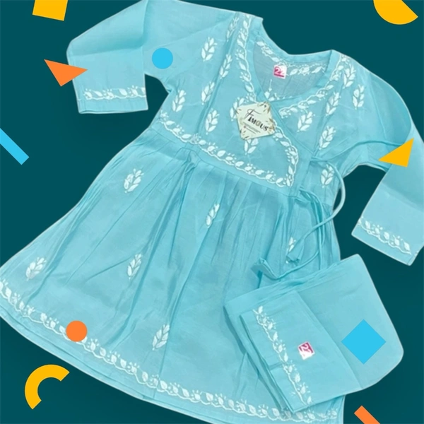 Turquoise Angarkha Style Chikankari Kids Dress