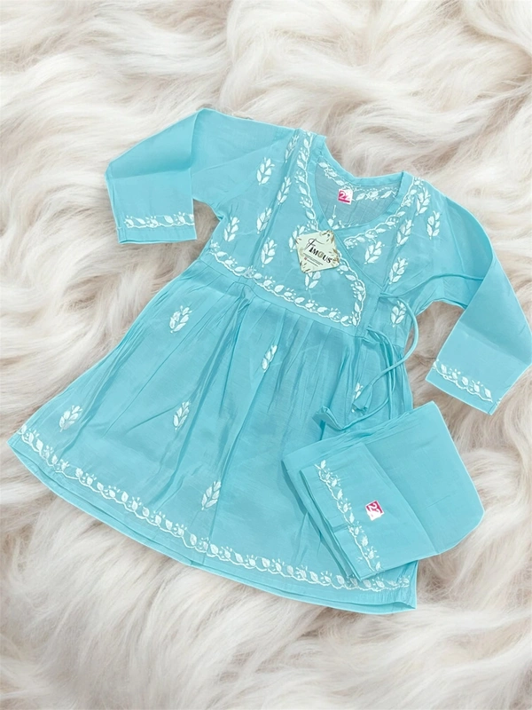 Turquoise Angarkha Style Chikankari Kids Dress - Turquoise, 32
