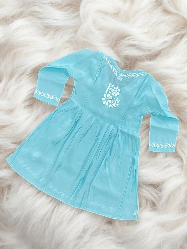 Turquoise Angarkha Style Chikankari Kids Dress - Turquoise, 34