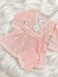 Peach Angarkha Style Chikankari Kids Dress - Peach, 16